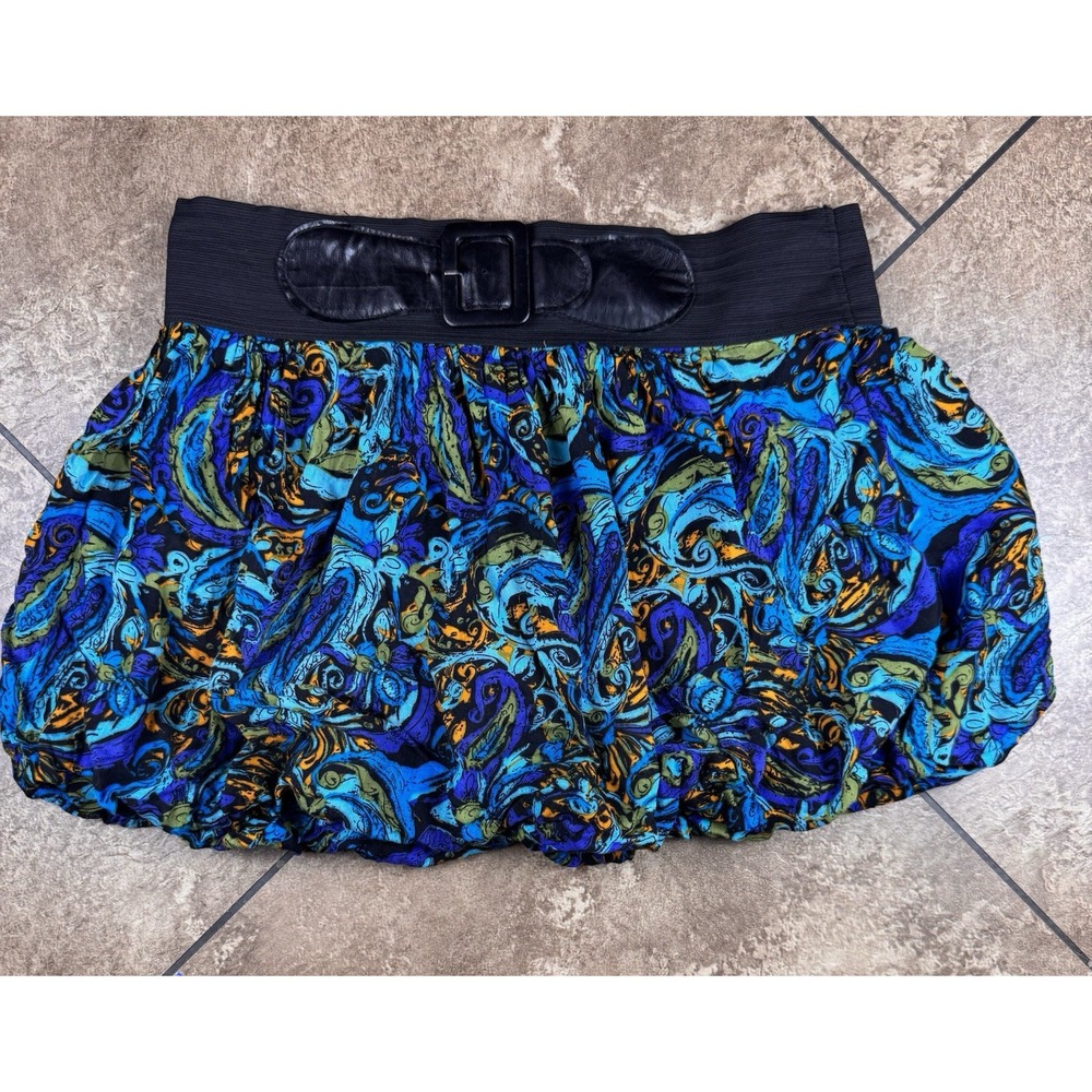 Vintage Micro Mini Skirt Bubble Paisley Blue Elastic Y2K Festival Whimsigoth L.